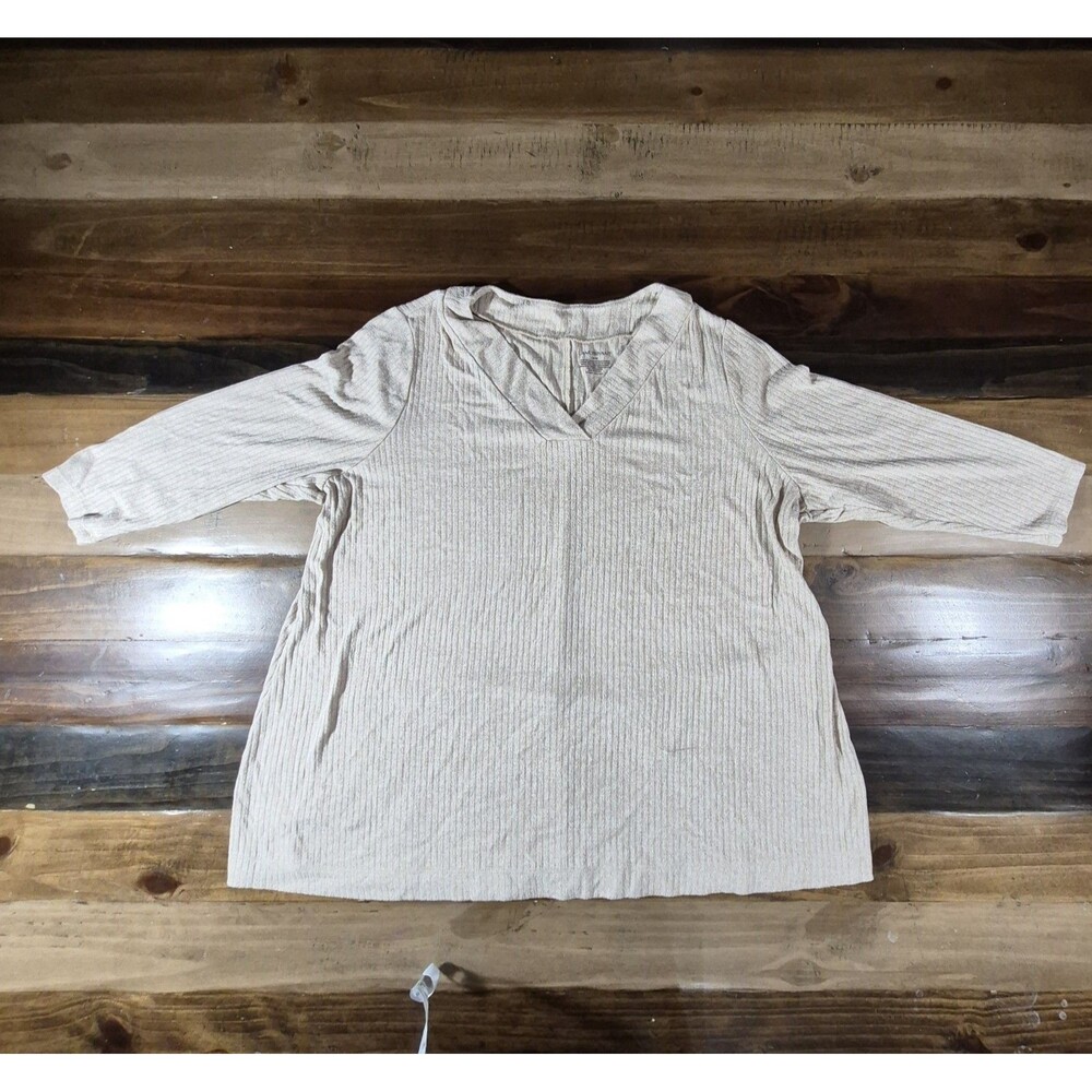 Lane Bryant Womens 18/20 Beige Ribbed Knit V Neck 3/4 Sleeve Stretch Top